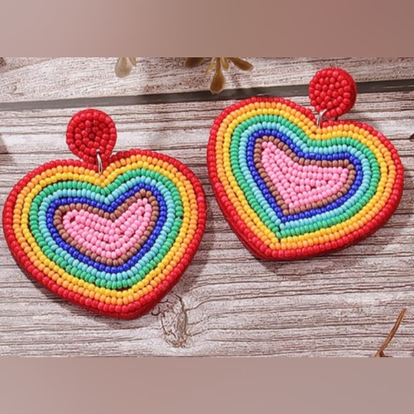 Handmade Large Rainbow Heart Beaded Earrings Bead Hearts Cute Statement Jewelry - Picture 3 of 5
